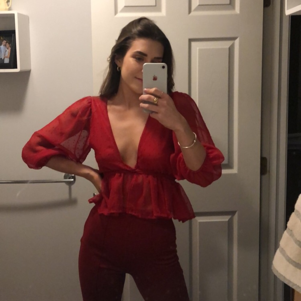Red polka dotted sheer tie top